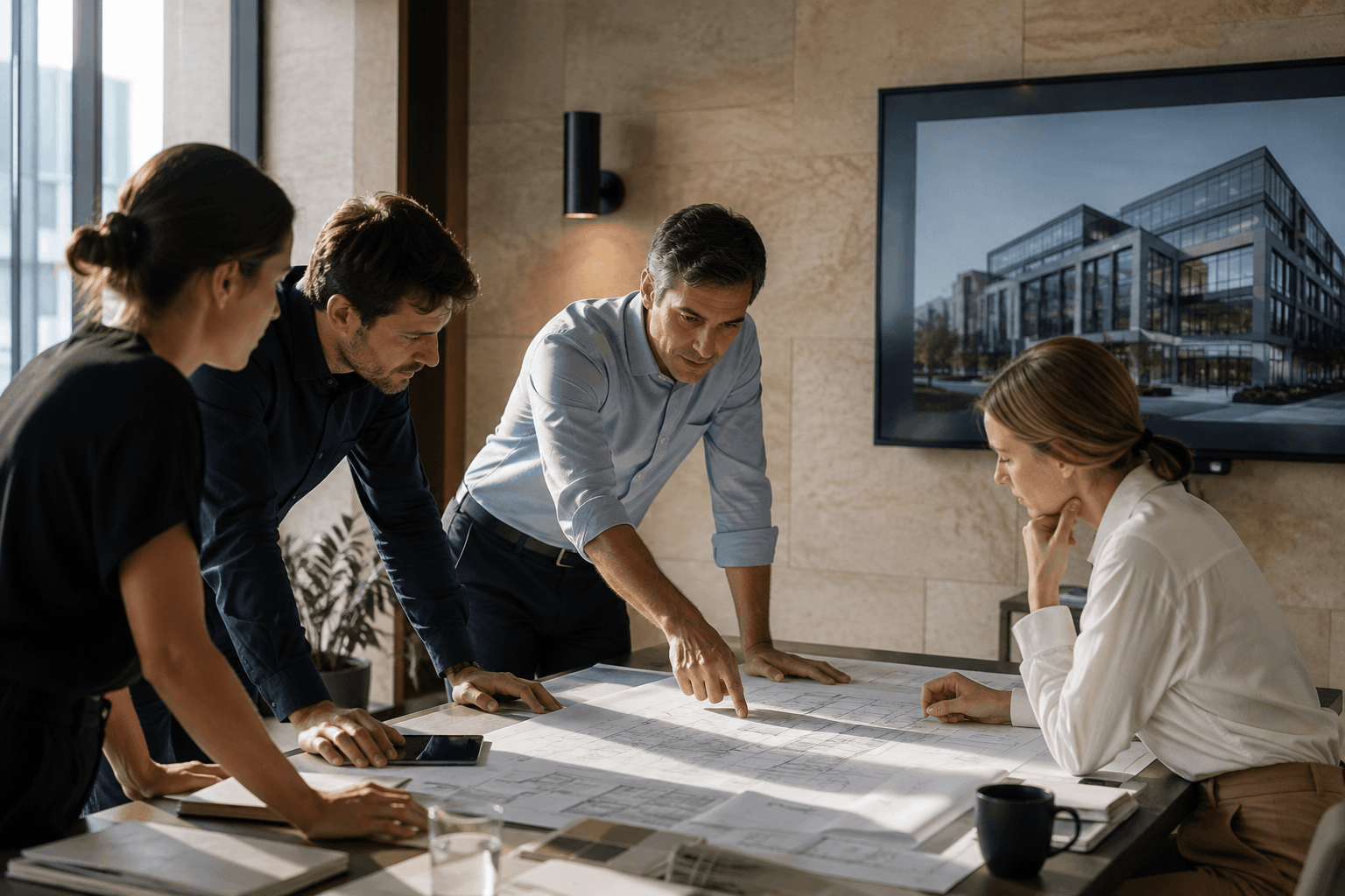 Building compliance professionals reviewing architectural plans