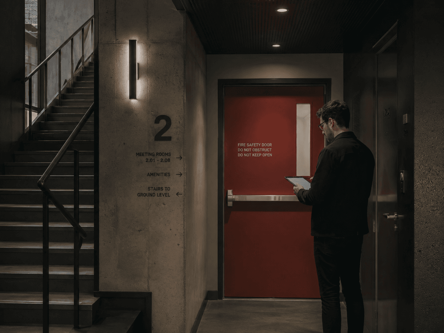 Consultant inspecting a fire safety door and egress stair in a commercial building